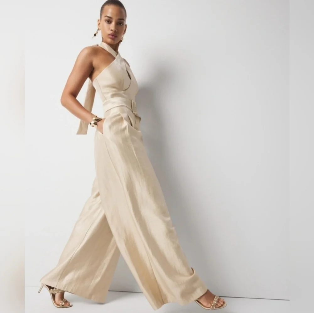 WHBM Champagne Gold Wide Leg Halter Jumpsuit wFront Pockets Cocktail Coquette - Picture 12 of 16